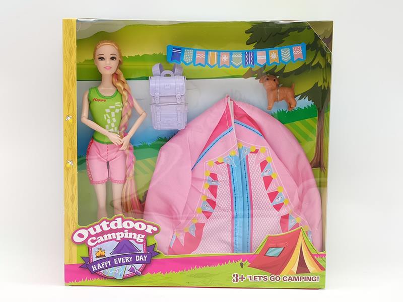 11.5" 9--Joint Solid Fashion Doll With Hiking bag, Pet dog, Tent Toys
