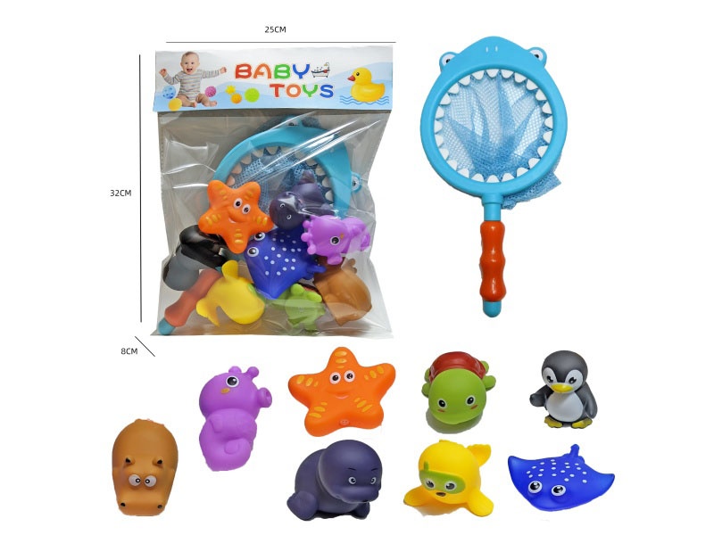 Shark Fishing Net + Soft Rubber Ocean Set (9-Piece Set) Cross-Border Bathroom Fish Fishing Toys, Bathing Toys, Fish Fishing And Bathing Toys, Water Play Children'S Rubber Animal Toys