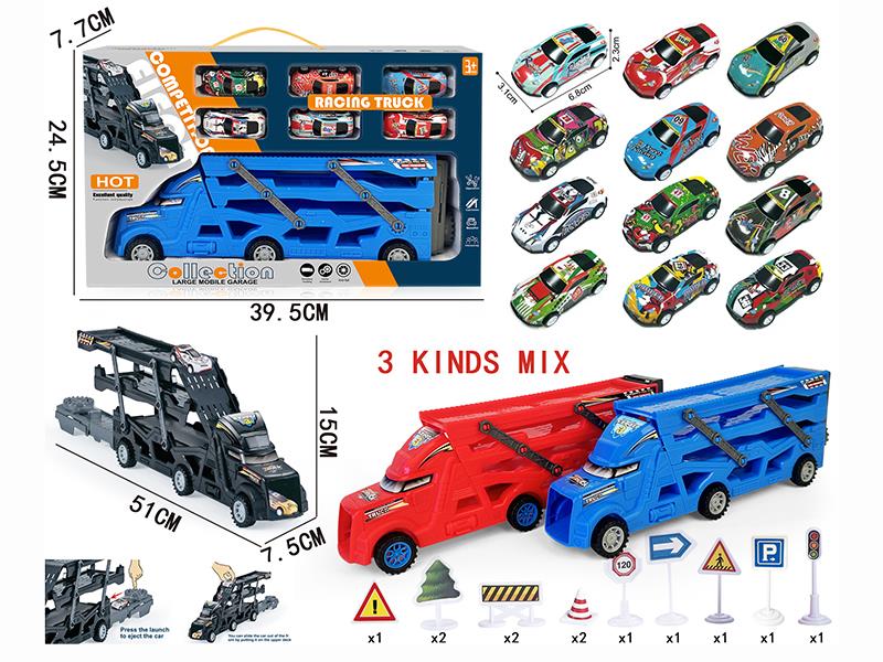Three-Decker Folding Ejection Container Truck + 12PCS Guidepost + 6PCS 6.8CM Pull Back Graffiti Iron Wagon
