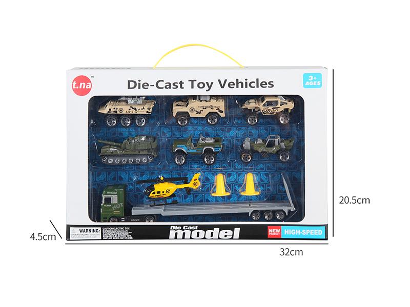 Alloy European Style Trailer With Helicopter And 6 Military Trucks