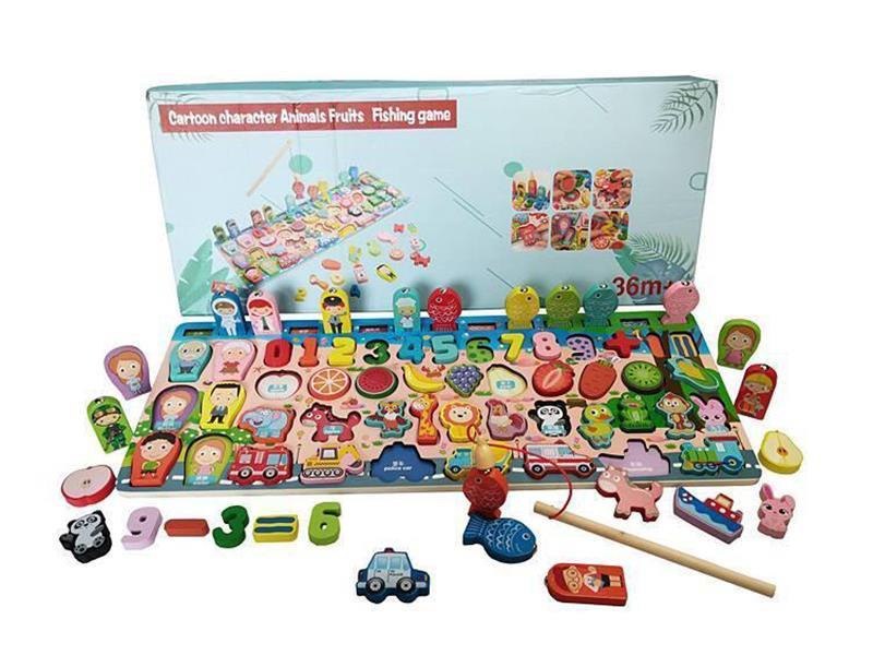Wooden 6 In 1 Fishing Character Animals Fruits Shape Matching Board