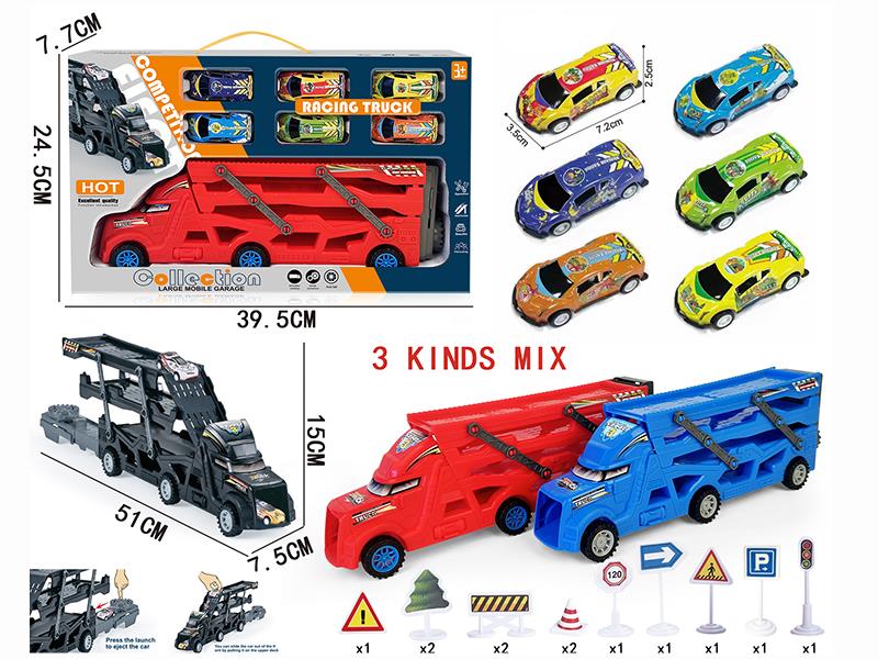 Three-Decker Folding Ejection Container Truck + 12PCS Guidepost + 6PCS 7.2CM Pull Back Dinosaur Iron Cars
