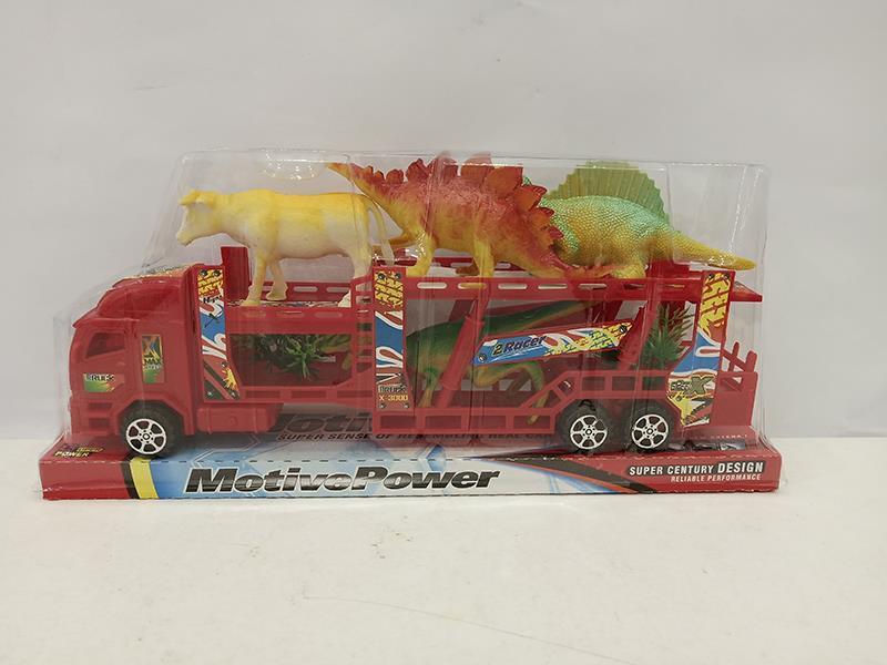Double-Decker Transport Truck With 4 Dinosaurs,1 Animal