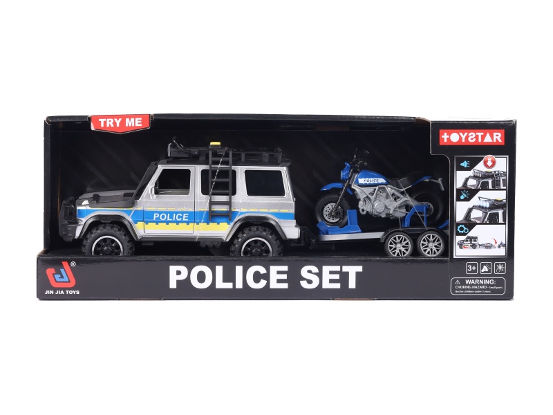 1:14 Police Off-Road Vehicle Towing Motorcycle (Functions: Inertia, Sound, Light, Door Opening)