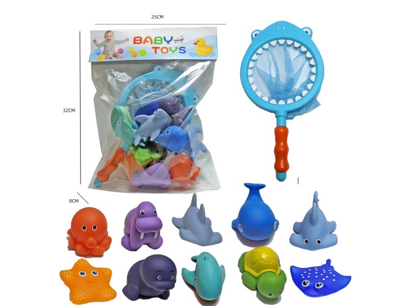 Shark Fishing Net + Soft Rubber Double-Color-Changing Ocean Set (11-Piece Set) Cross-Border Bathroom Fish Fishing Toys, Bathing Toys, Fish Fishing And Bathing Toys, Water Play Children'S Rubber Animal