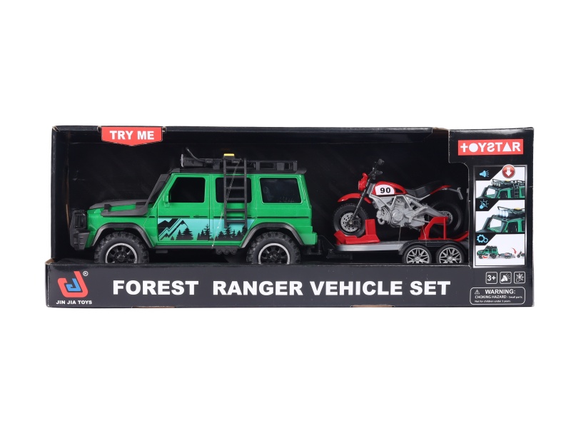 1:14 Jungle Off-Road Vehicle Towing Motorcycle (Functions: Inertia, Sound, Light, Door Opening