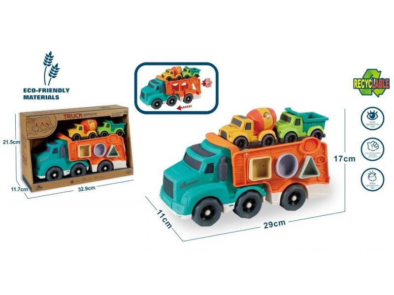 Lighting And Sound - Straw Material Sliding Cartoon Transport Tractor (4 Geometric Grain-Shaped Blocks) - Paired With 2 Small Carts