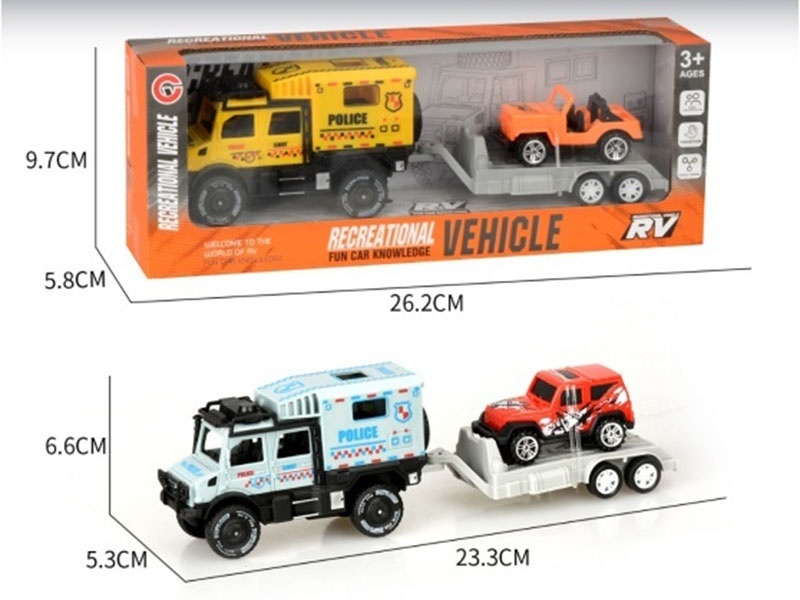 A Small Inertial Double-Row Unimok Police Car Is Towing A Sliding Vehicle