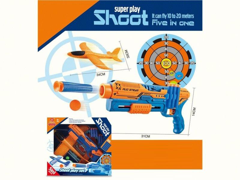 5-In-1 Multi-Functional Aircraft Gun (Blue + Orange) Soft Ammunition X6, Eva Balls X6, Target X1, Aircraft X1, Gun X1, Instruction Manual X1