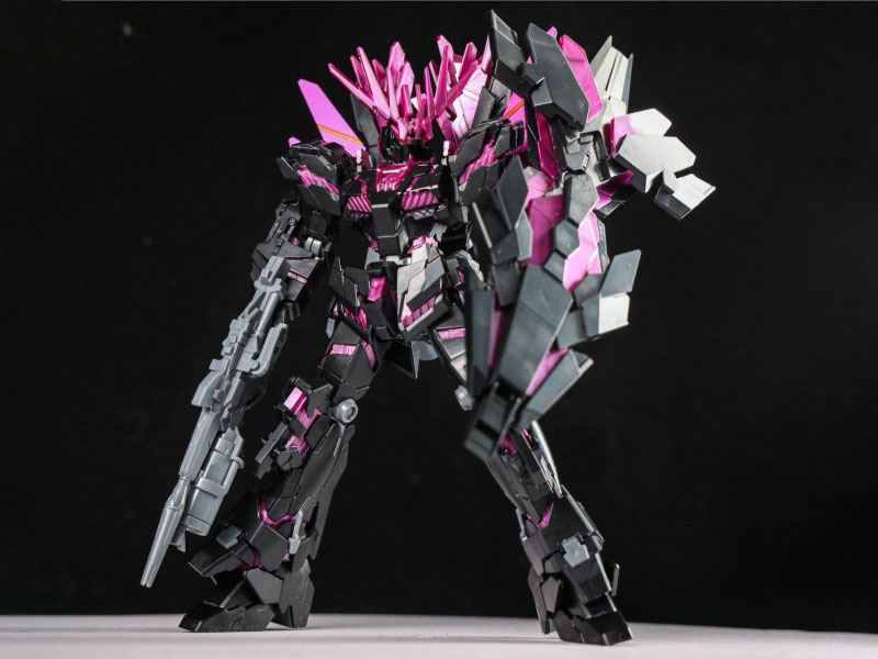 A Black And Purple Color Combination Assembly Model Of The Unicorn Morgue Gundam Model