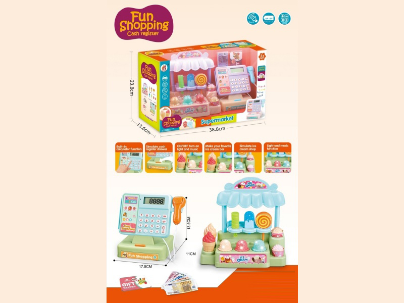 (New Packaging) Cash Register With Ice Cream Stand (Cash Register With Calculation And Sound Functions, Ice Cream Stand With Lights And Small Music Functions)