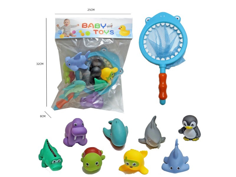 Shark Fishing Net + Soft Rubber Ocean Set (9-Piece Set) Cross-Border Bathroom Fish Fishing Toys, Bathing Toys, Fish Fishing And Bathing Toys, Water Play Children'S Rubber Animal Toys