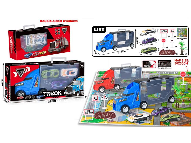 Storage Truck With 3 Alloy Cars, Map, Guidepost, Stone, Tree