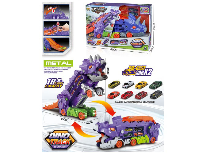 Dinosaur storage transformation competition Swallowing Catapult track container truck equipped with 2 alloy trucks