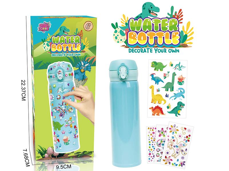 DIY Green Water Bottle(480ML,3 Sheets Of Glitter Gem Stickers,1 Sheet Of Dinosaur  Stickers)