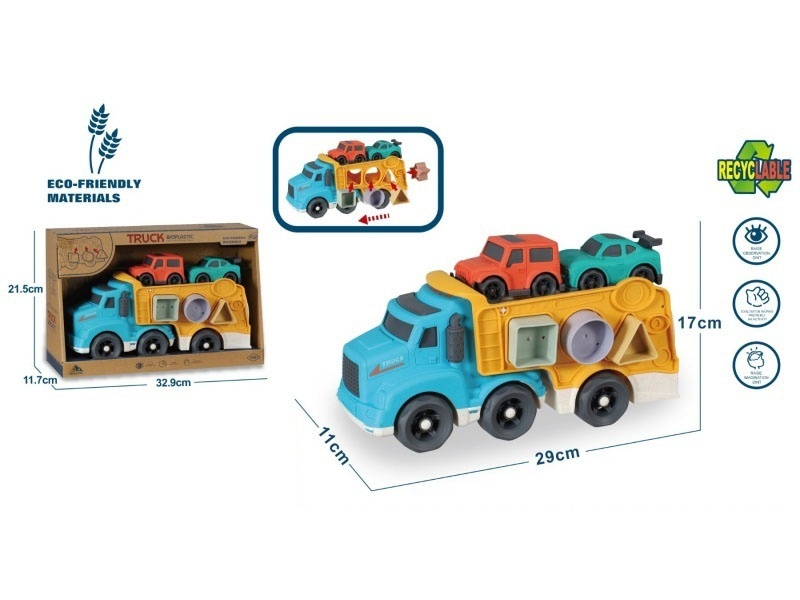 Lighting And Sound - Straw Material Sliding Cartoon Transport Tractor (4 Geometric Grain-Shaped Blocks) - Paired With 2 Small Carts