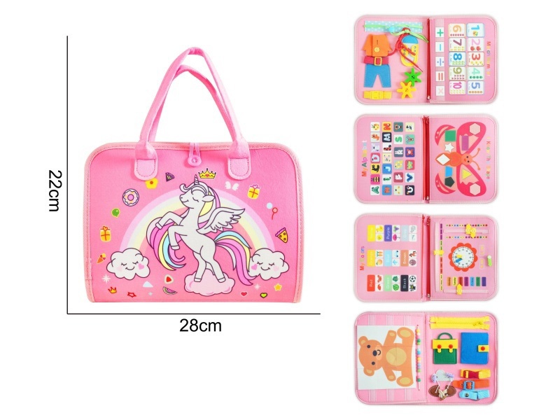 Montessori Early Childhood Education And Intelligence - A 5-Page Pink Unicorn Busy Book Made Of Felt