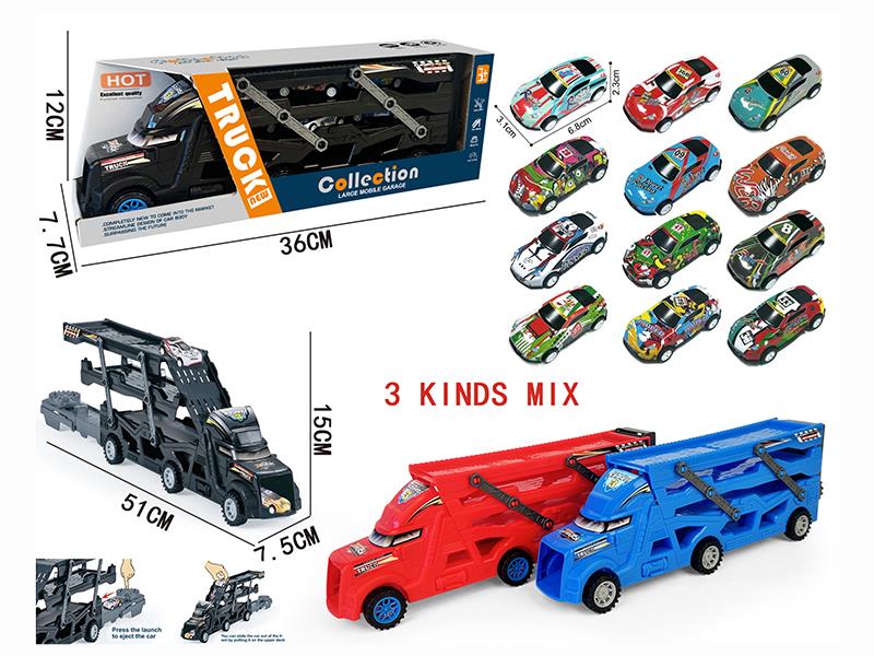 Three-Decker Folding Ejection Container Truck + 3PCS 6.8CM Pull Back Graffiti Iron Wagon