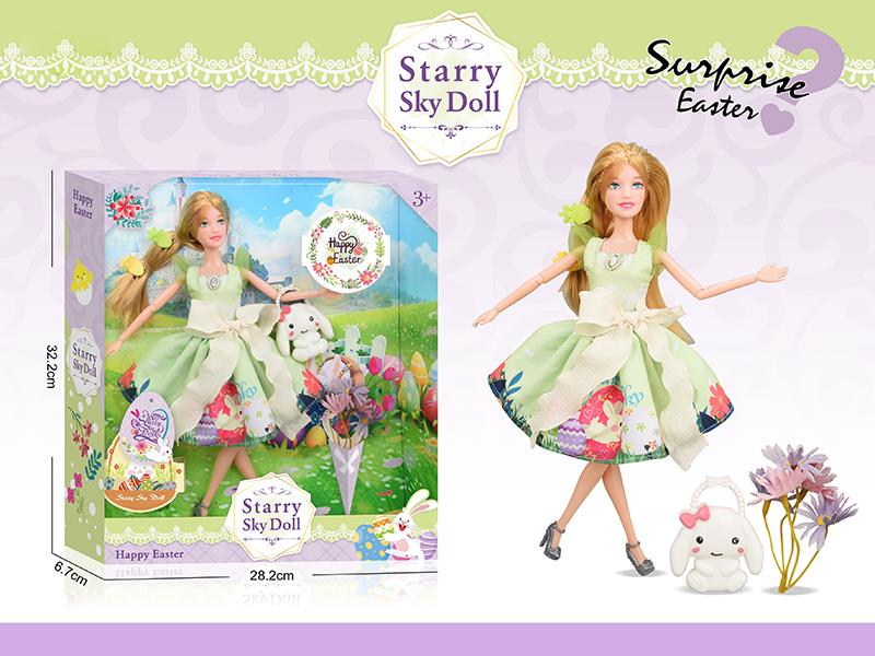 11.5" 11-Joint Easter Doll With Rabbit Handbag, Simulated Bouquet