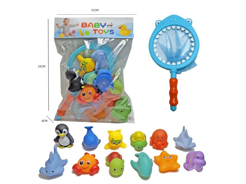 Shark Fishing Net + Soft Rubber Double-Color-Changing Ocean Set (13-Piece Set) Cross-Border Bathroom Fish Fishing Toys, Bathing Toys, Fish Fishing And Bathing Toys, Water Play Children'S Rubber Animal