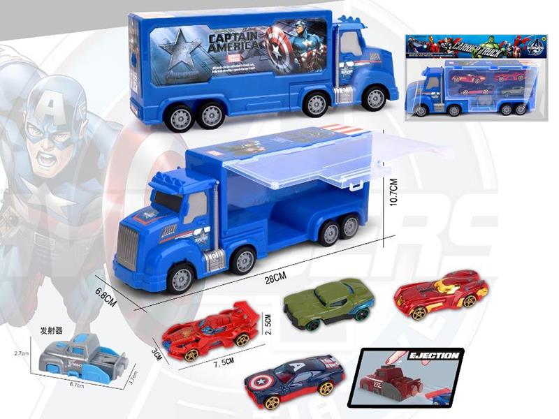 Friction Captain America Storage Carrier Truck + 4pcs 7.5cm Slide Alloy Cars + Launcher