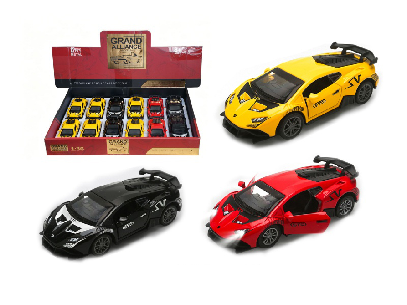 1:36 Huili Alloy Car Model - Big Bull Lanbo Simple Edition Svj With Lights, Music, Yellow/Black Mixed Set (12 Pieces/Display Box)