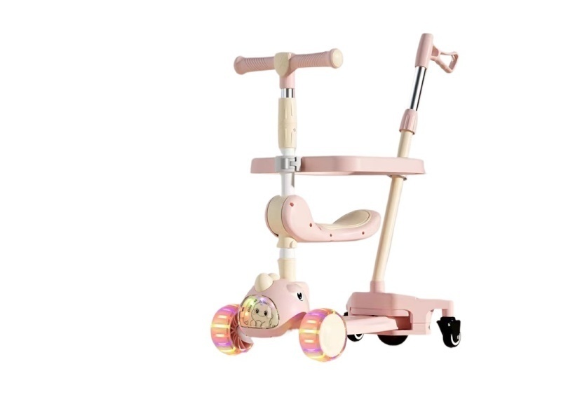 Children'S Scooter, One-Click Folding, Widened Flashing Wheels With Music + Lights (Hand-Pushed Seat Fence Model)