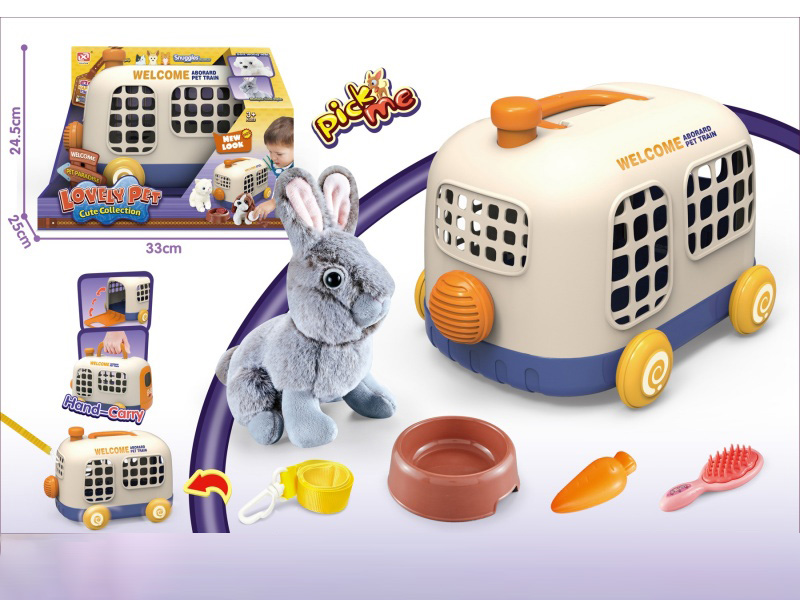 Pet Bus Cage+Plush Rabbit Pure Gray Dutch Rabbit+Bb Whistle+Bus Traction Rope