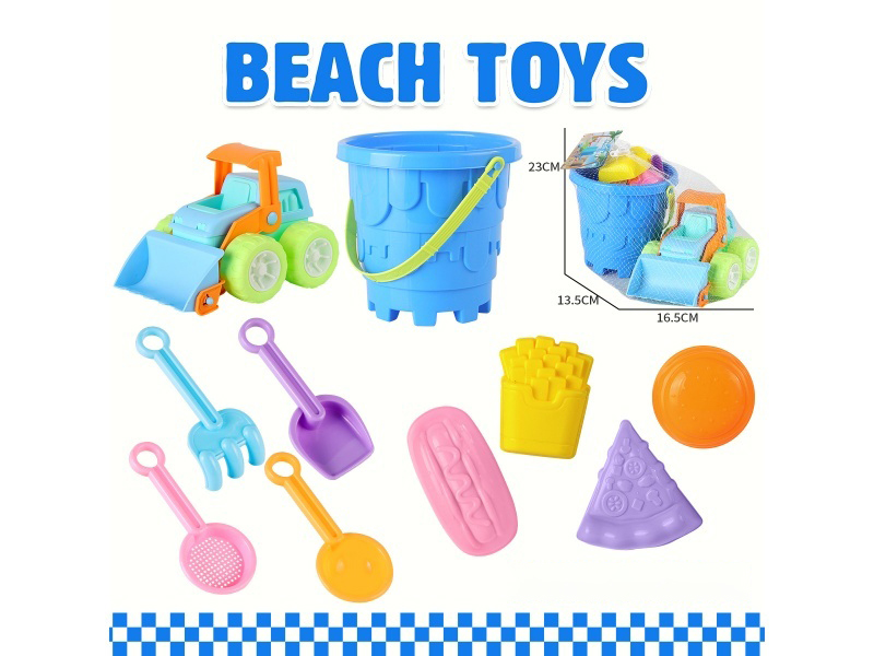 Beach Car Bulldozer Castle Bucket Shovel Tools, Hamburger Fries Food Sand Mold, 10 PCS