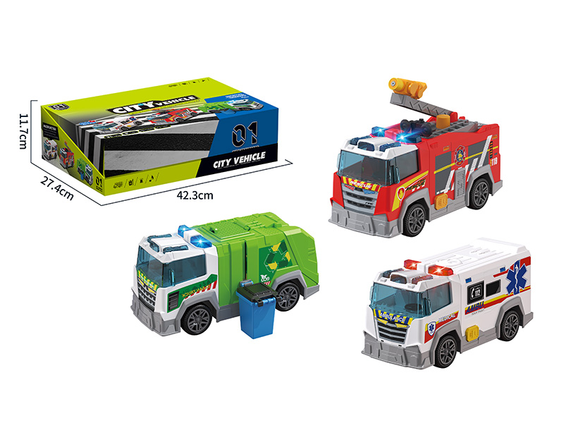 Friction City Car With Sound And Lights(Fire Truck, Ambulance, Sanitation Truck)6PCS