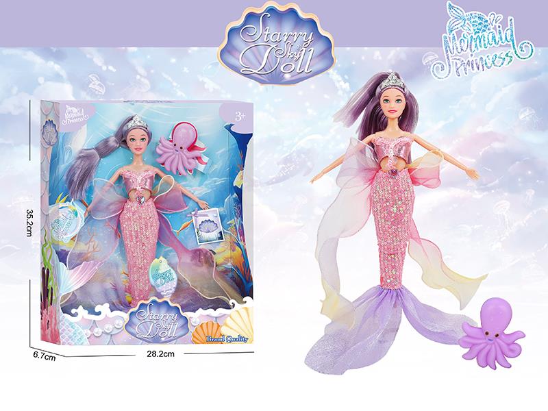 11.5 Inch 11-Joints Mermaid Princess Doll With Crown, Octopus