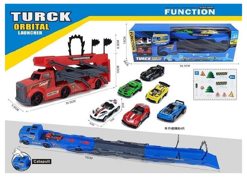 Triple Folding Ejection Car With 4 Sliding Alloy Racers + 12 Road Signs