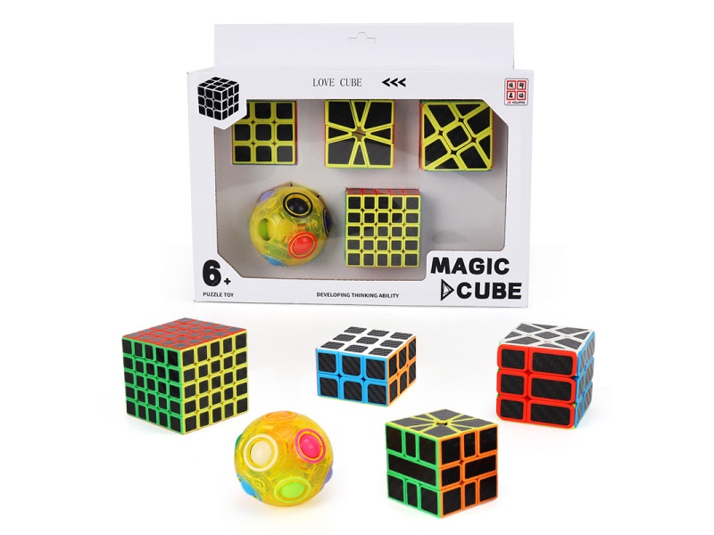 3X3 Carbon Fiber Rubik'S Cube (Uv Printed) + Carbon Fiber Sq1 (Uv Printed) + Carbon Fiber Fire Wheel (Uv Printed) + 5X3 Black Carbon Fiber Rubik'S Cube (Uv Printed) + Transparent Yellow Rainbow Ball