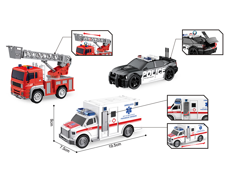 1:20 Friction Fire Engine, Ambulance, Police Car Set(Sound & Lights)