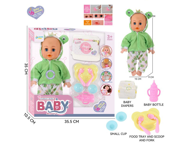 14-Inch 16-Voice English Ic Male Boy Drinks Water And Urinates (With Baby Bottle, Diaper, Dinner Plate, Spoon, Bowl)