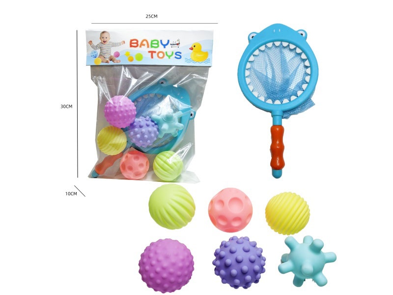 Shark Fishing Net + Warm-Colored Hand-Held Ball Cross-Border Bathroom Fish Fishing Toys, Bath Toys, Fish Fishing And Bathing Toys, Water Play Children'S Rubber Animal Toys