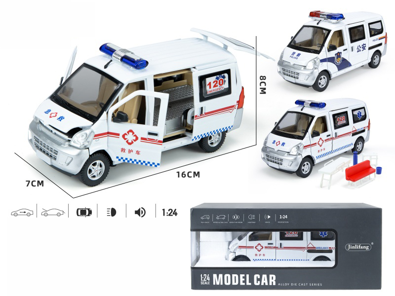 1:24 Police Car, Ambulance Pull Back Alloy Six-Door Car Model With Sound And Light