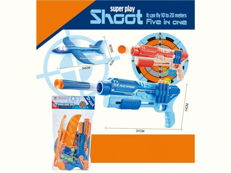 5-In-1 Multi-Functional Aircraft Gun (Small Aircraft With Light) Soft Bomb X6, Eva Ball X6, Target X1, Aircraft X1, Gun X1, Instruction Manual X1