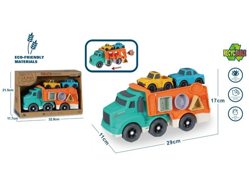 Lighting And Sound - Straw Material Sliding Cartoon Transport Tractor (4 Geometric Grain-Shaped Blocks) - Paired With 2 Small Carts