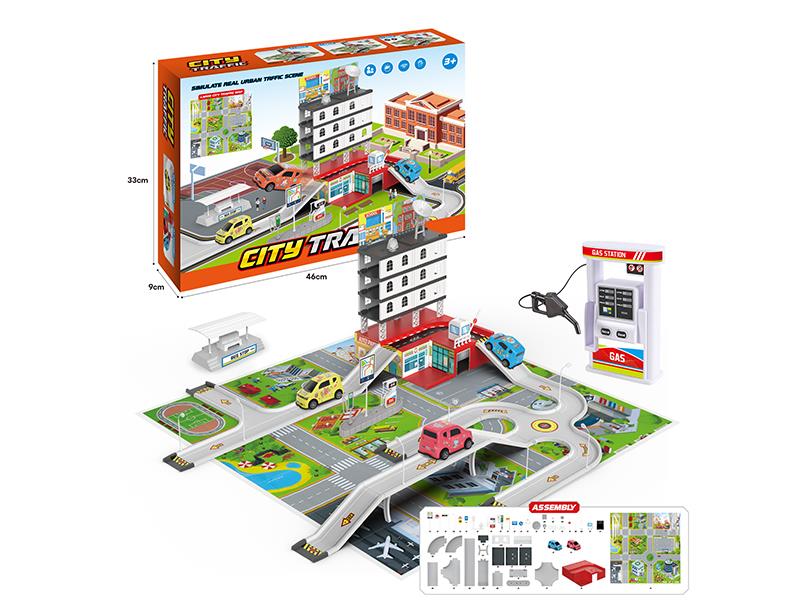 Simulation Track Ctiy Traffic Scene Set(With Gas Station Model, 2 Pull Back Cartoon Cars)