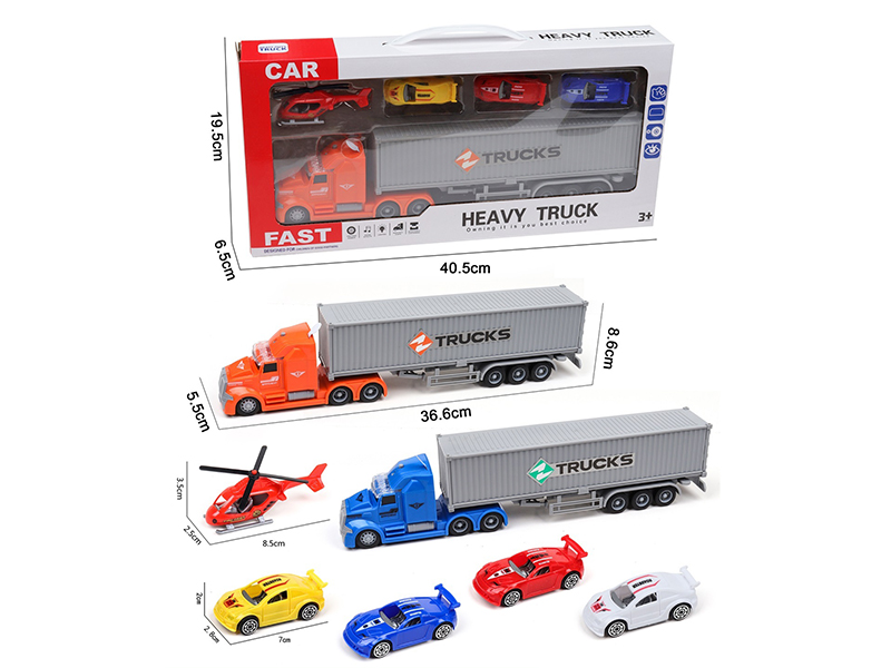 Friction Container Car With Sound And Lights + 1 Helicopter + 3 Slide Cars