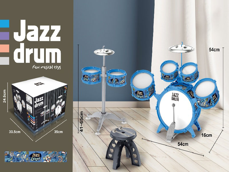 7 Drums, 2 Cymbals, Blue Ring, Blue Collar + Stool
