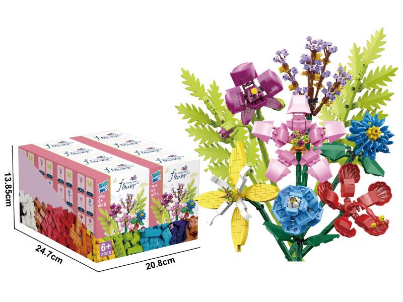 Eight-In-One Flower Bouquet Building Blocks: Lavender/Fern/Cypress Blue Rose/Hibiscus/Phalaenopsis Chrysanthemum/Iris, 256 Pieces