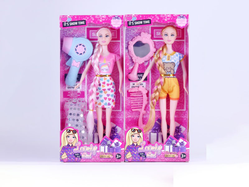 Two Mixed 11.5-Inch Stylish Long-Braided Dolls With Loose Hands And Thighs, Along With Clothing, Hair Dryer, Comb, And Shoes