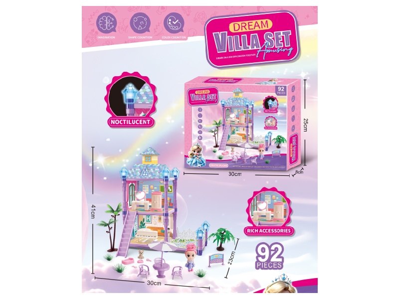 Luminous Diy Princess Villa House Play Castle Set (Diy Assembled Girl Dream House Mansion) 92Pcs