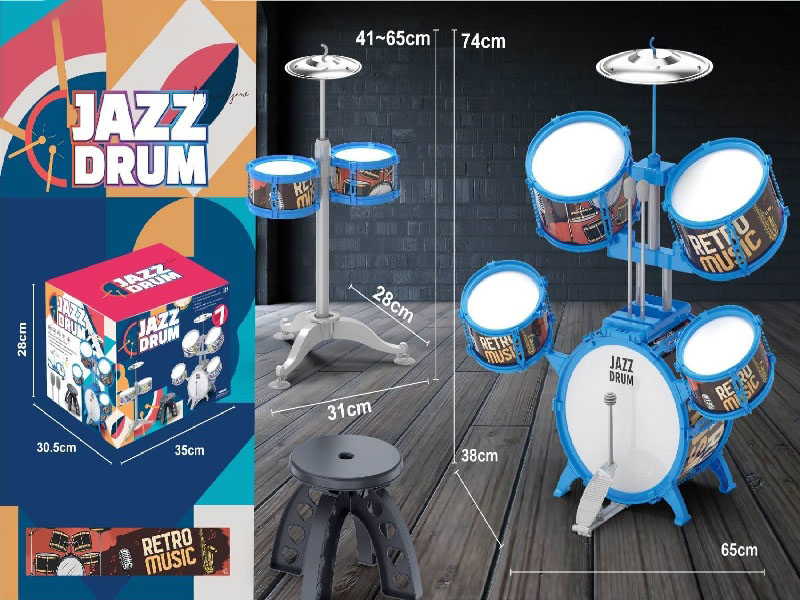 7 Drums, 2 Cymbals, Blue Circle, Jazz Drum Stand + Stool (1 Drum 1+3 Drum 2+4 Drum 2+5 Drum 2)