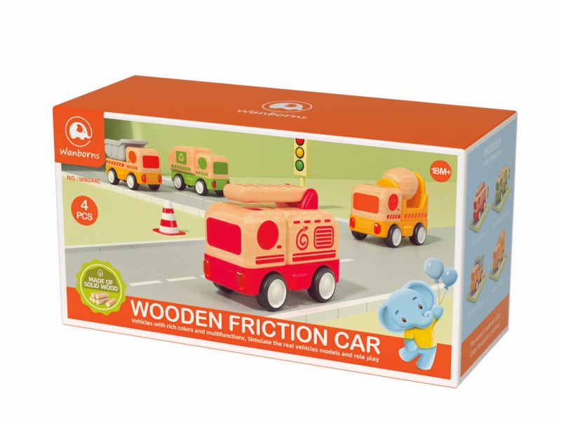 Wooden Friction Car With Music And Lights 4pcs