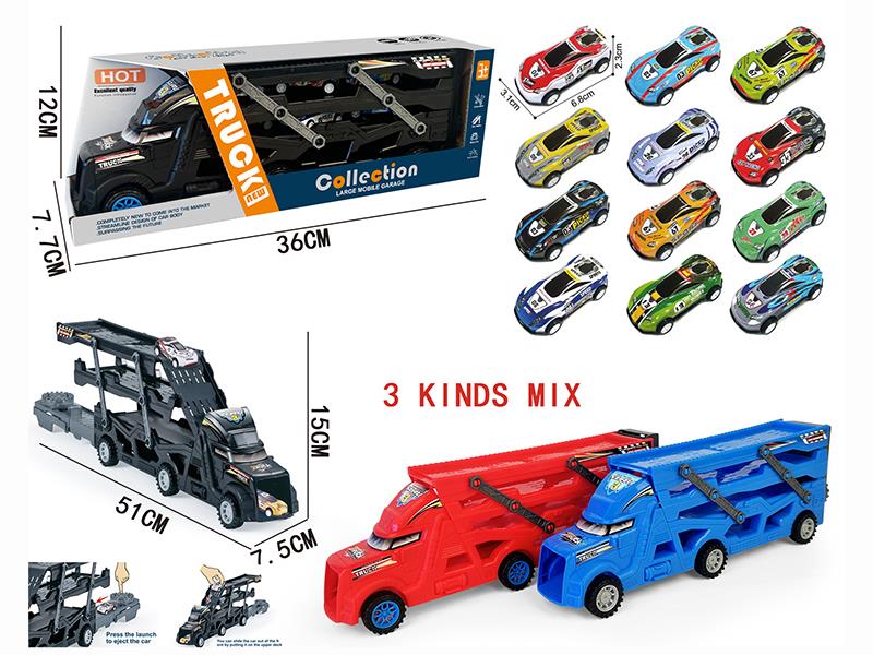 Three-Decker Folding Ejection Container Truck + 3PCS 6.8CM Pull Back Graffiti Cars