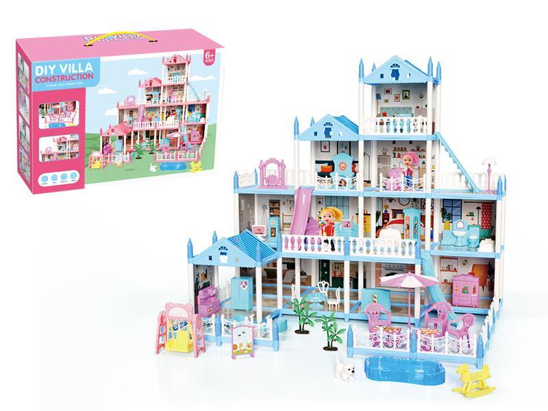 DIY Luxurious Four-Storey Villa With Lights(Blue) + 2 Dolls (14 Rooms)