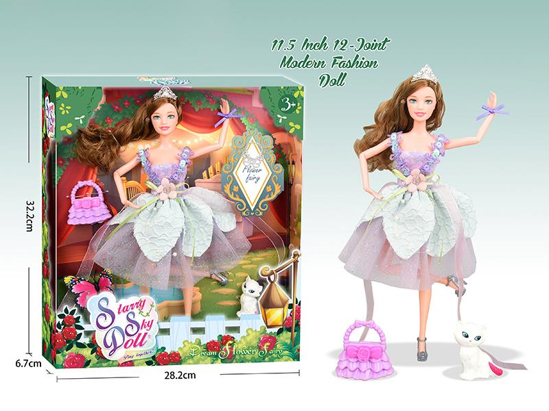 11.5 Inch 12-Joint Modern Fashion Doll With Handbag, Crown, Pet Cat